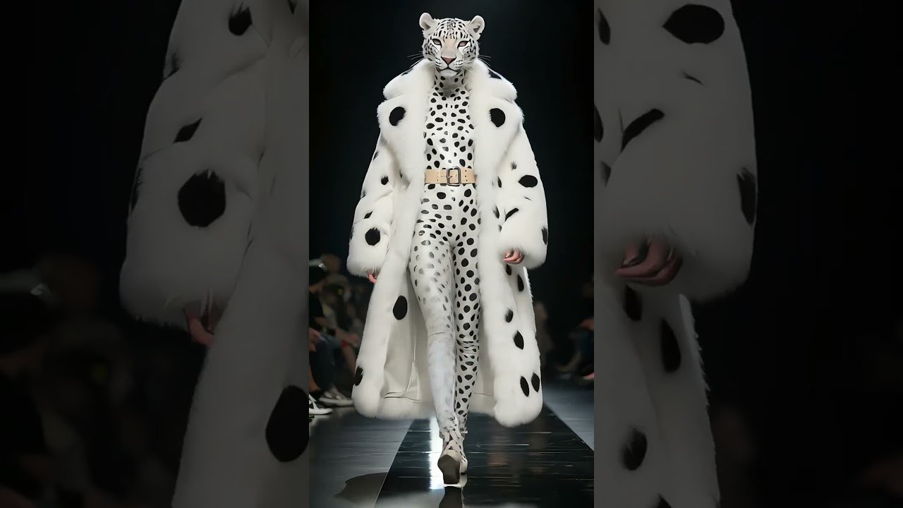 Snow-Leopard-Head Humanoid Model Walking on Runway