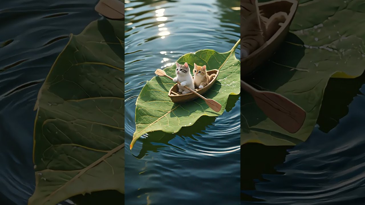 Two lovely little kittens are sitting in a small leaf-shaped boat